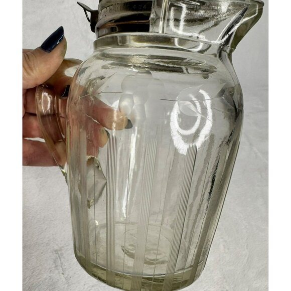 VTG Glass Syrup Pitcher With Metal Lid Etched Floral Design Marked E & JB 1916 - Picture 13 of 13